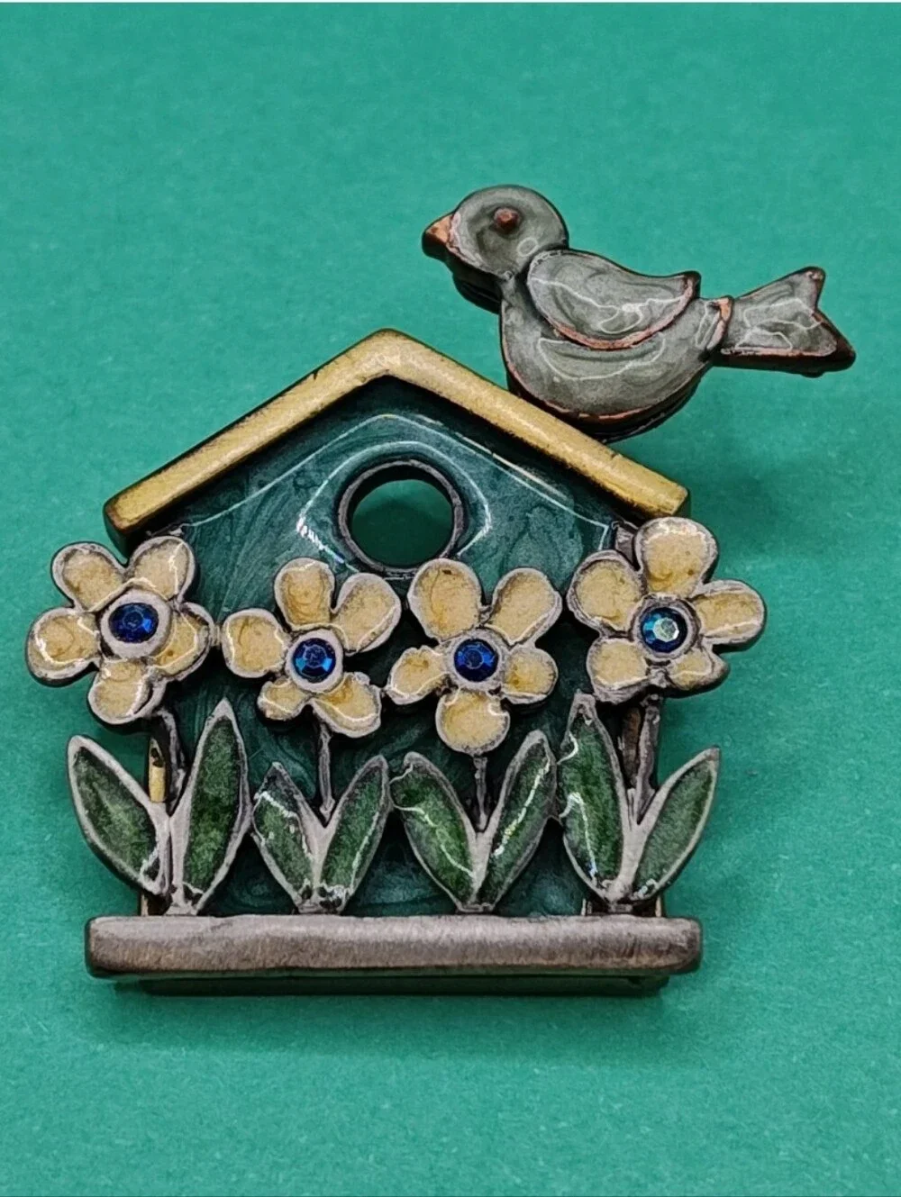 Vintage 2 Bird House Brooches 1 Bird Nest Lapel Hat Pin Birds & Bloom 90s TC